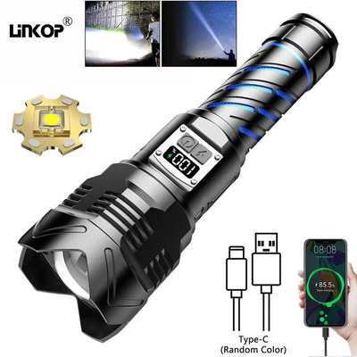 Buy Brightest Rechargeable LED Flashlight IP65 Waterproof Aluminum Alloy Zoom Digital Display online manufacture